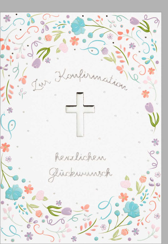 Doppelkarte Konfirmation Silbernes Kreuz, wilde Blumen