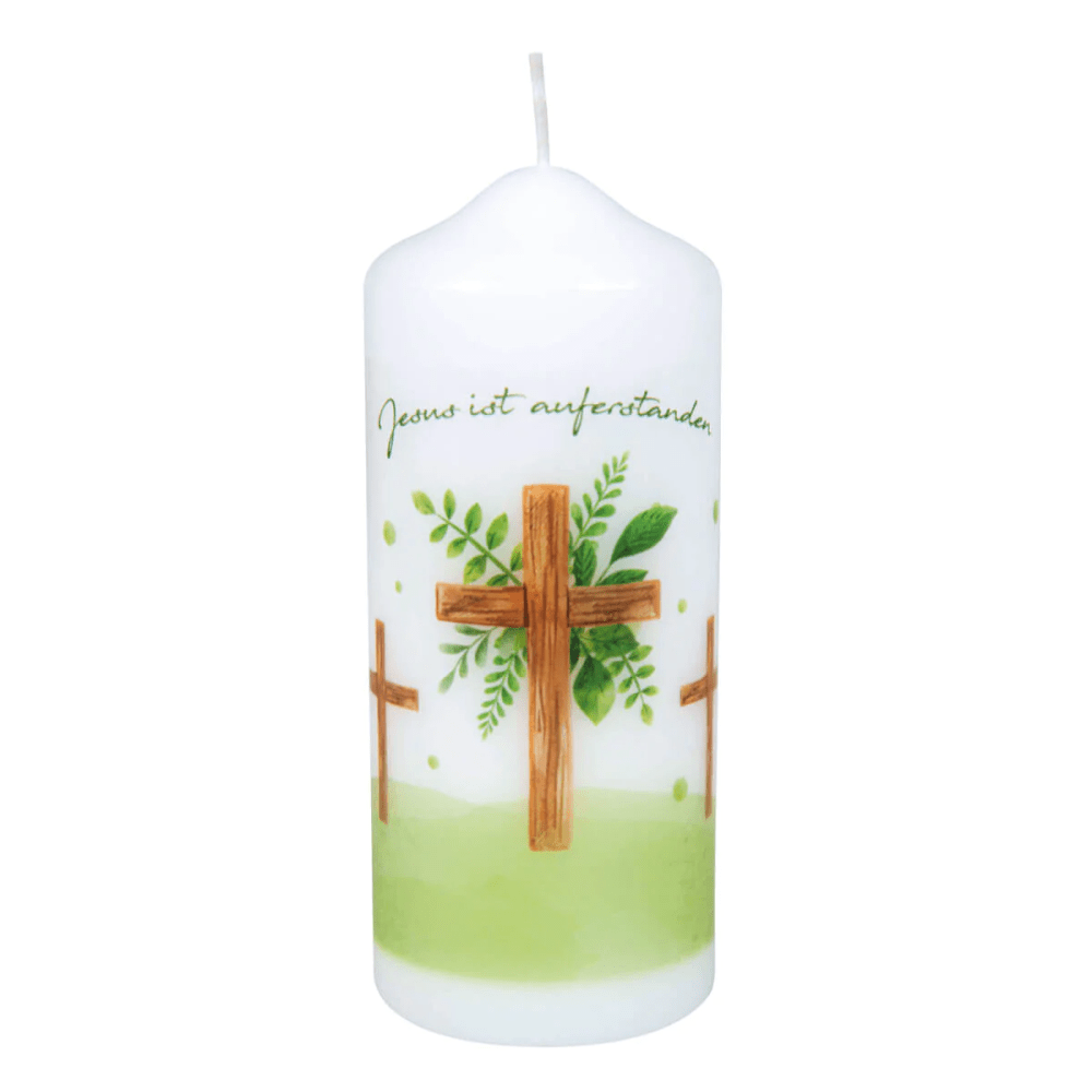Jesus ist auferstanden - Kerze mit Osterkreuz - Höhe 12 cm, Durchmesser 5 cm