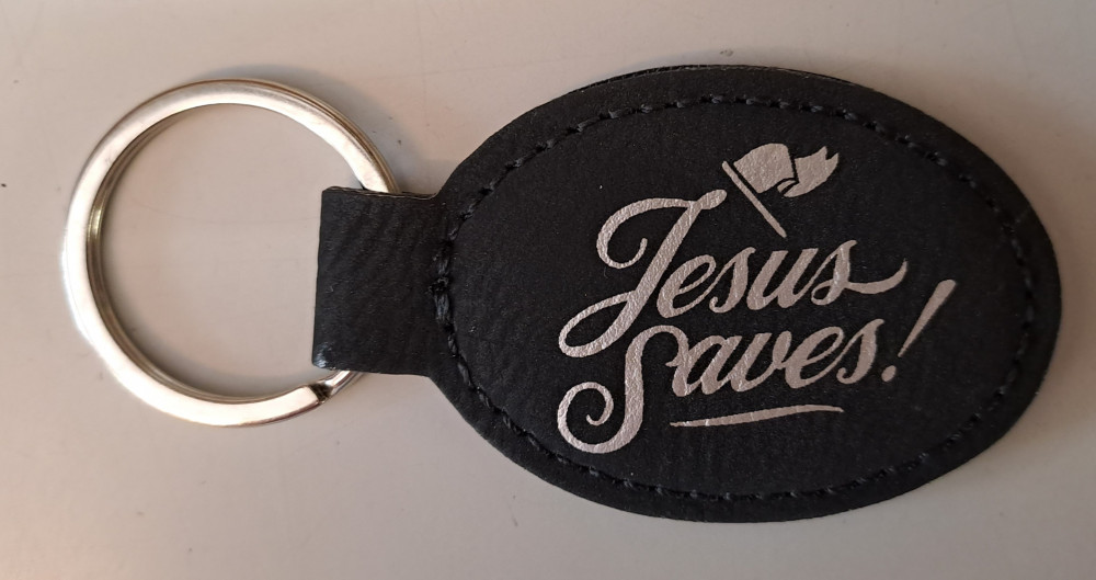 Schlüsselanhänger, "Jesus Saves" - schwarz, Kunstleder, mit Kreuz-Gravur