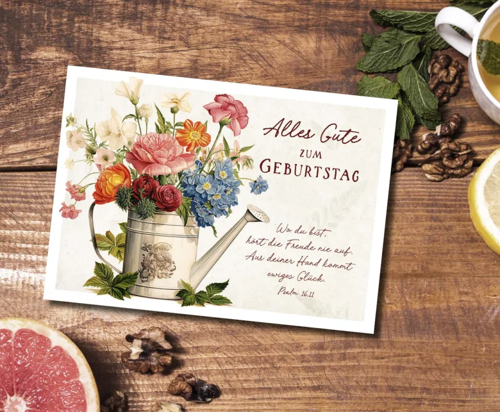 Postkarten Blumenstrauß in Giesskanne - Psalm 16,11