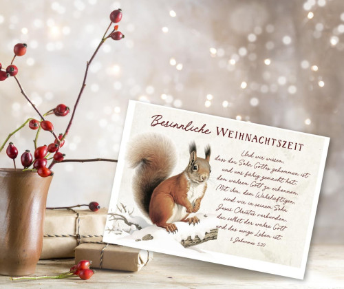 Postkarte Eichhörnchen zu Weihnachten - 1. Johannes 5,20