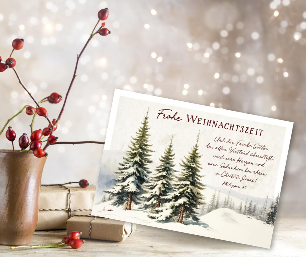 Postkarte Wintertannen - Philipper 4,7