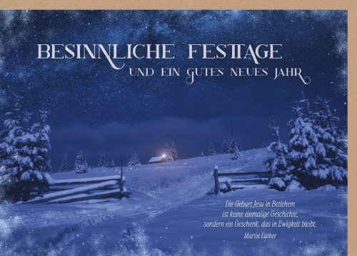 Faltkarte Weihnachten Hütte in der Nacht