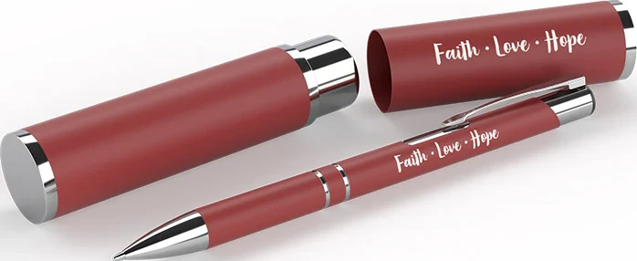 Kugelschreiber im Etui - Faith, Love, Hope / Glaube, Liebe, Hoffnung - rot