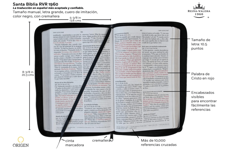 Espagnol, Bible Reina Valera 1960, gros caractères - similicuir noir, fermeture éclair, tranche...