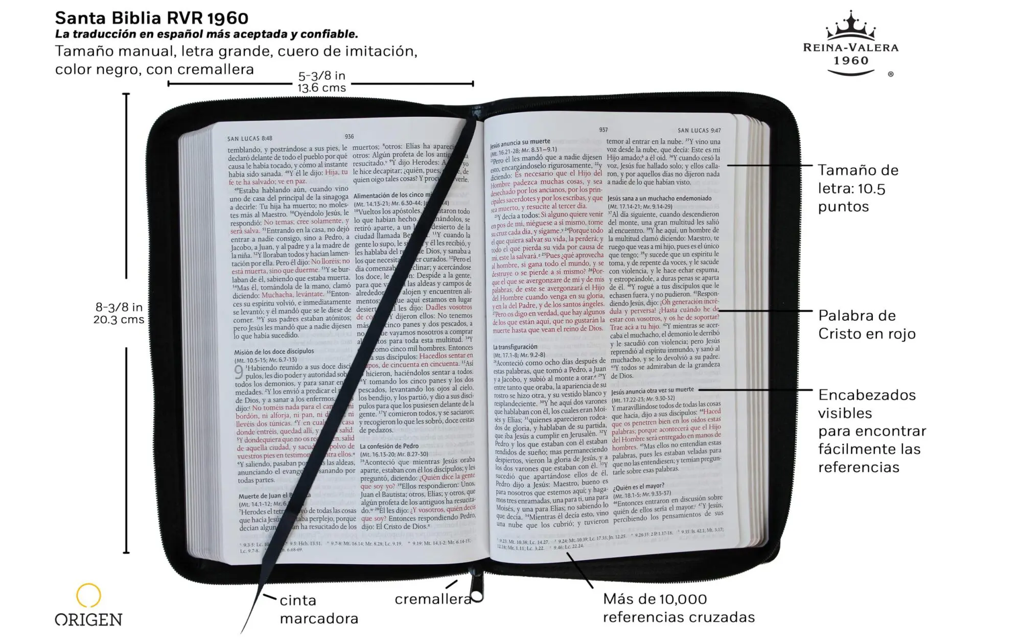 Espagnol, Bible Reina Valera 1960, gros caractères - similicuir noir, fermeture éclair, tranche...