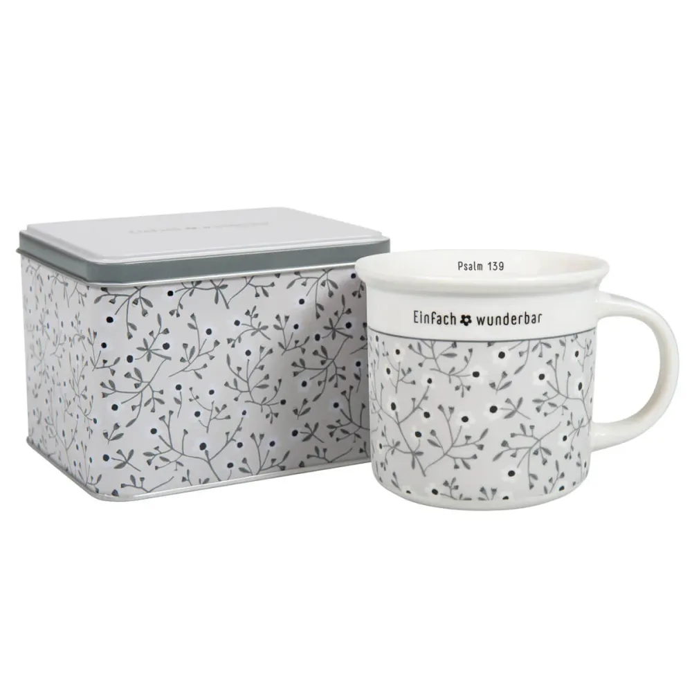 Tasse mit Metalldose - Einfach wunderbar, Psalm 139 - grau, Blumen 350ml