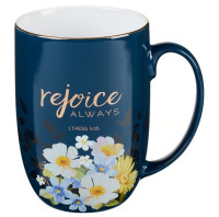 Tasse - Freue dich immer - dunkelblau, Blumenmotif, 444ml