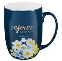 Tasse - Freue dich immer - dunkelblau, Blumenmotif, 444ml