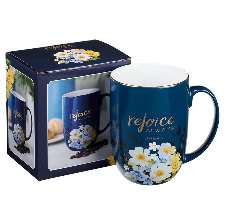 Tasse - Freue dich immer - dunkelblau, Blumenmotif, 444ml