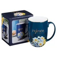 Tasse - Freue dich immer - dunkelblau, Blumenmotif, 444ml