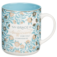Tasse - Lass dir an meiner Gnade genügen - blau, Blumenmotif, 414ml