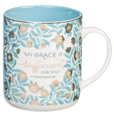 Tasse - Lass dir an meiner Gnade genügen - blau, Blumenmotif, 414ml