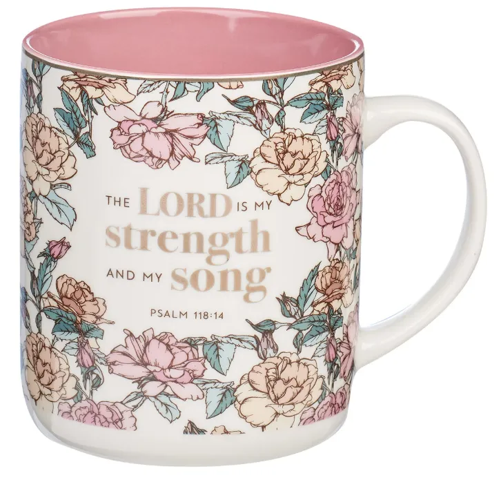 Tasse - The Lord is my strength - rosa, Blumenmotif, 414ml