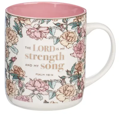 Tasse - The Lord is my strength - rosa, Blumenmotif, 414ml