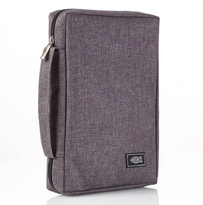 Pochette de Bible grise en tissu avec Ichtus - taille S
