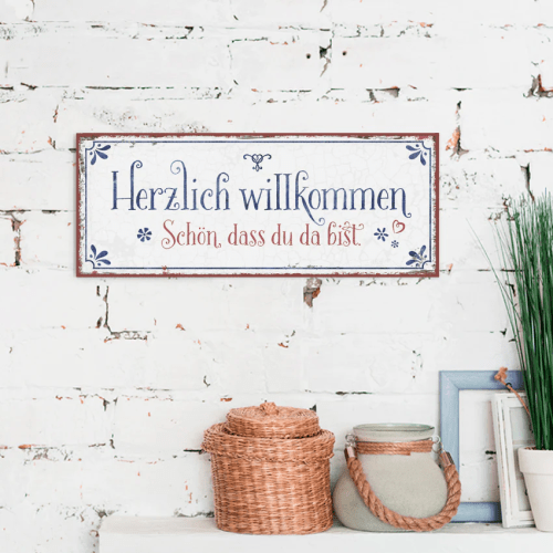 Herzlich willkommen (Metallschild) - 34,5 x 14 cm