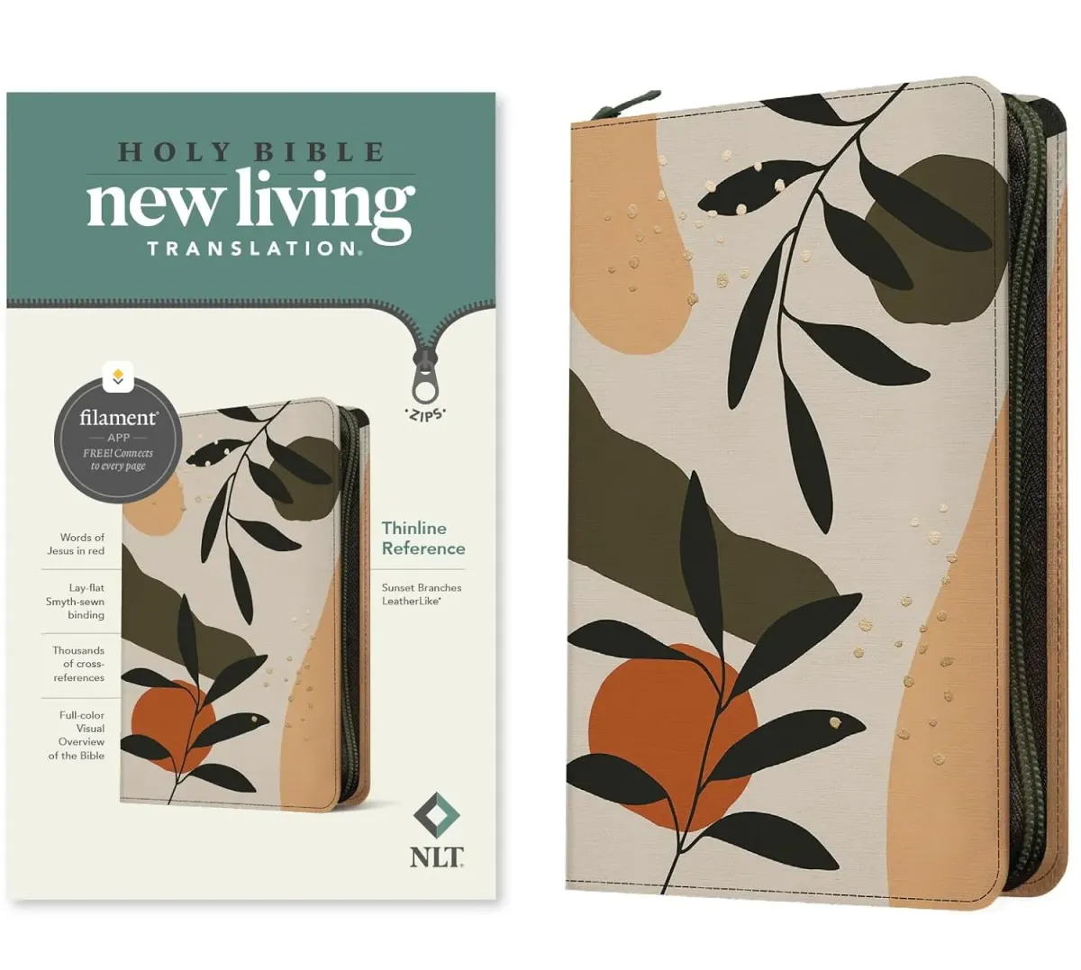Anglais, Bible, New Living Translation, Filament Edition, similicuir motif branches, fermeture...