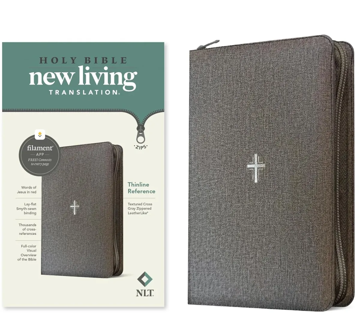 Anglais, Bible, New Living Translation, Filament Edition, similicuir gris motif croix, fermeture...