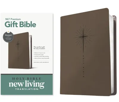 Anglais, Bible, New Living Translation, similicuir taupe, motif croix, paroles de jésus en rouge...
