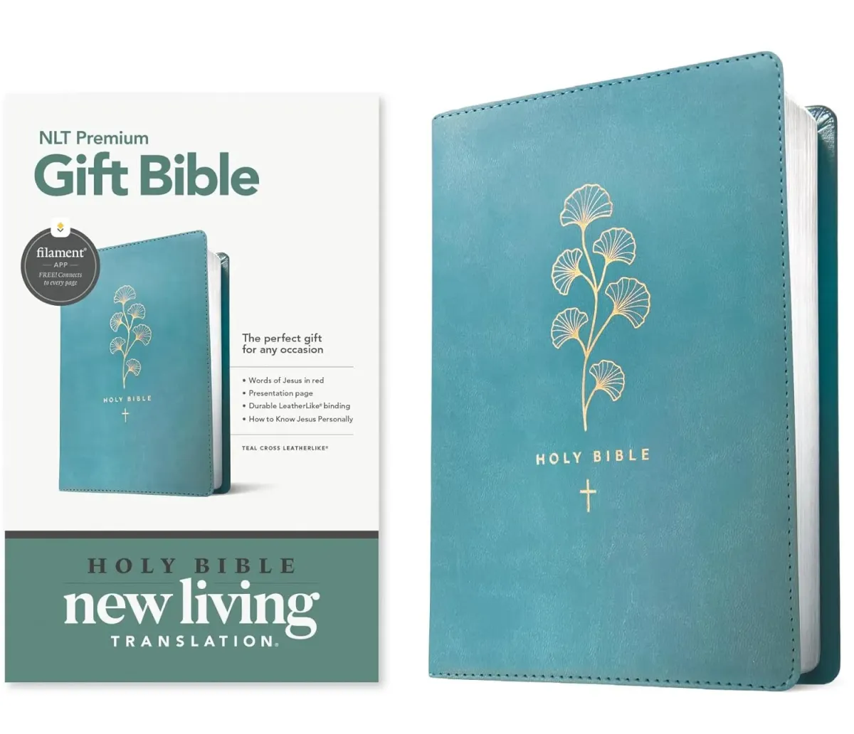 Anglais, Bible, New Living Translation, Filament Edition, similicuir, turquoise motif végétal et...