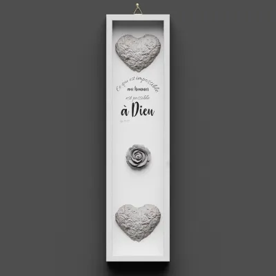 Cadre en bois, "Ce qui est impossible…" Luc 18.27 - Vertical, avec cœurs et rose en béton