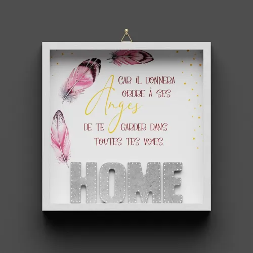 Cadre en bois "HOME" plumes - "Car Il donnera à ses anges de te garder dans toutes tes voies"