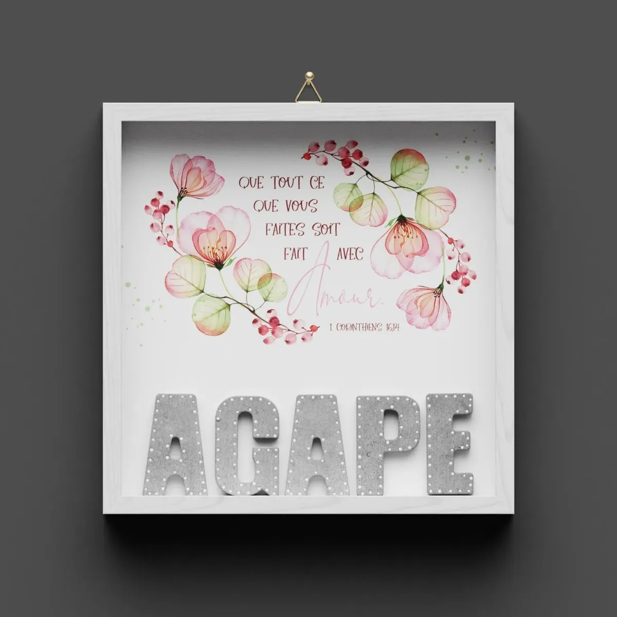 Cadre en bois "AGAPE" fleur - 1. Corinthiens 16.14