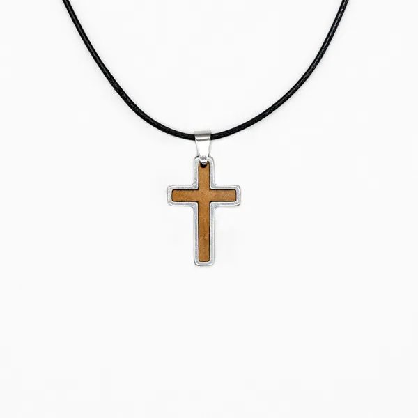 Halskette Kreuz - Olivenholz, silber, gewachste Schnur