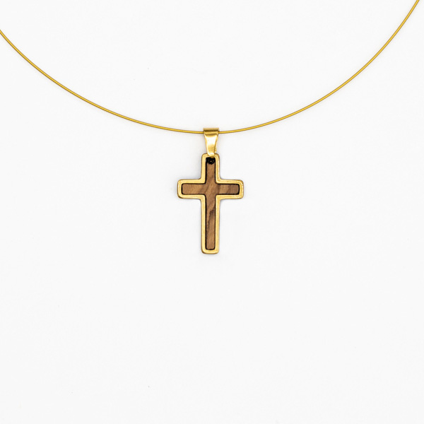 Halskette Kreuz - Olivenholz, goldig, Schmuckdraht