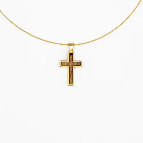 Halskette Kreuz - Olivenholz, goldig, Schmuckdraht