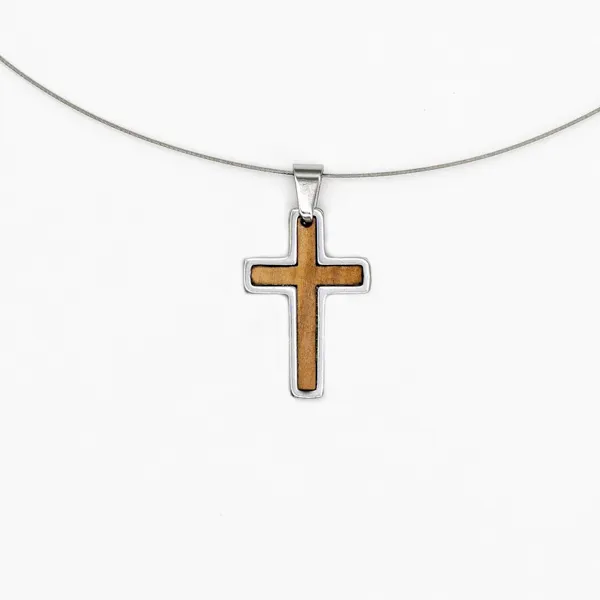 Halskette Kreuz - Olivenholz, silber, Schmuckdraht