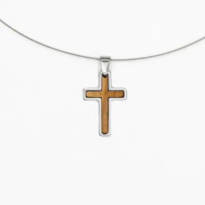 Halskette Kreuz - Olivenholz, silber, Schmuckdraht