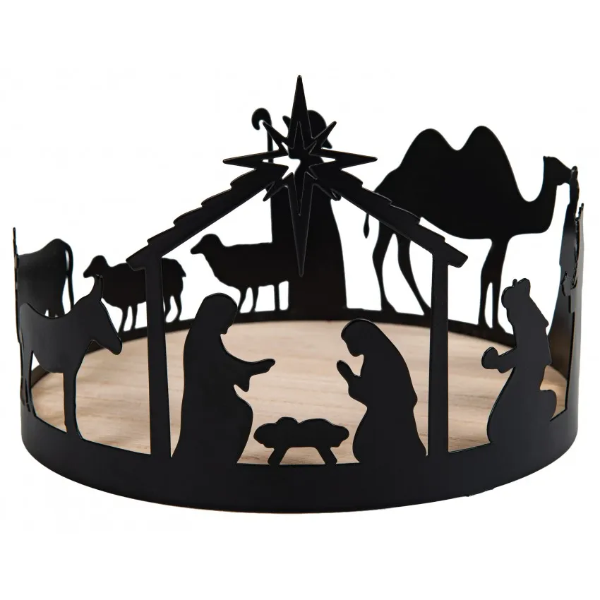 Plateau décoratif Crèche en bois et métal noir