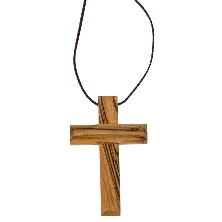 Collier fil 80 cm avec croix en bois d'olivier - 5 x 3 cm