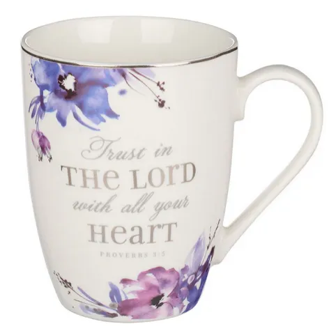 Tasse - Vertraue auf den Herrn - weiss, violett, Blumenmotif