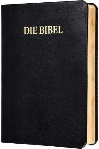 Allemand, Bible Schlachter 2000, grandes lettres, cuir, tranche or, noire, reliure cousue