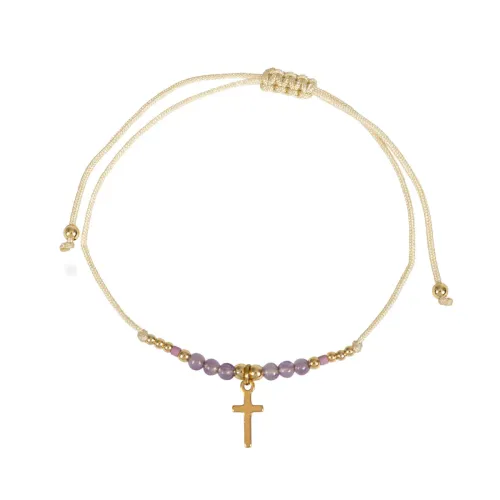 Bracelet textile avec perles violettes - Croix acier inoxydable