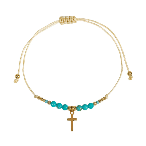 Textil-Armband mit Perlen und Kreuz (türkis) - mit farbigen Kunststein-Perlen + Kreuz aus Edelstahl