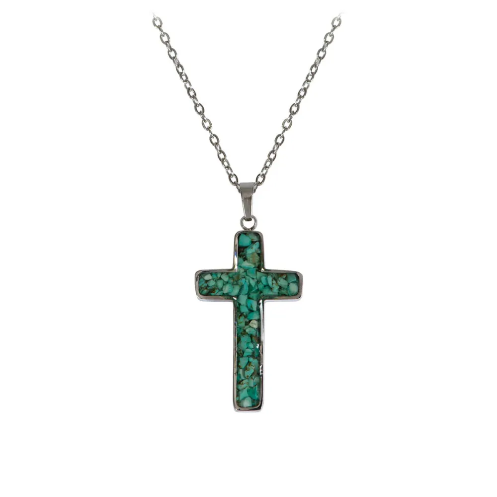 Collier acier inoxydable - Pendentif Croix turquoise