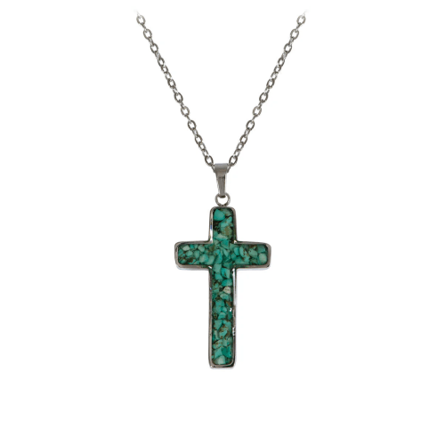 Collier acier inoxydable - Pendentif Croix turquoise