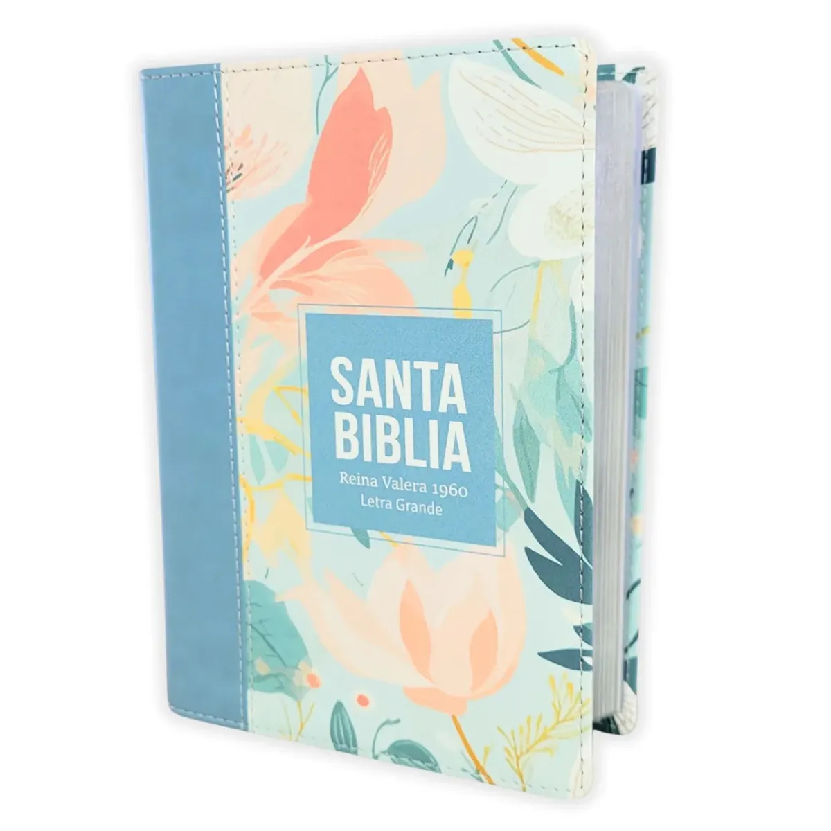 Espagnol, Bible, Reina Valera 1960, compacte, grands caractères, similicuir bleu motif floral -...