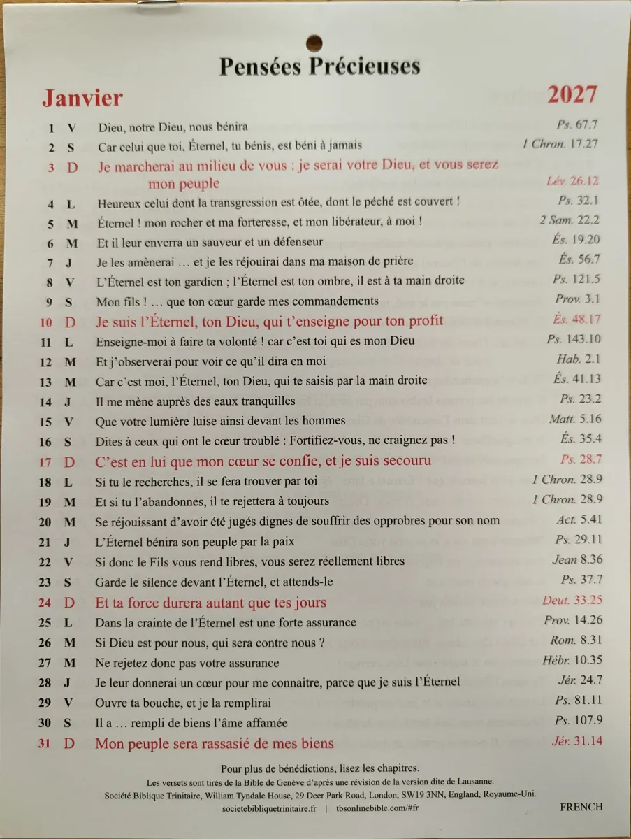 Pensées précieuses - calendrier 1 verset par jour, une page par mois