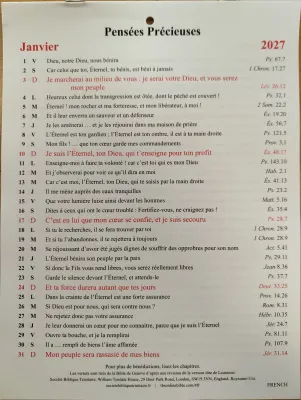 Pensées précieuses - calendrier 1 verset par jour, une page par mois