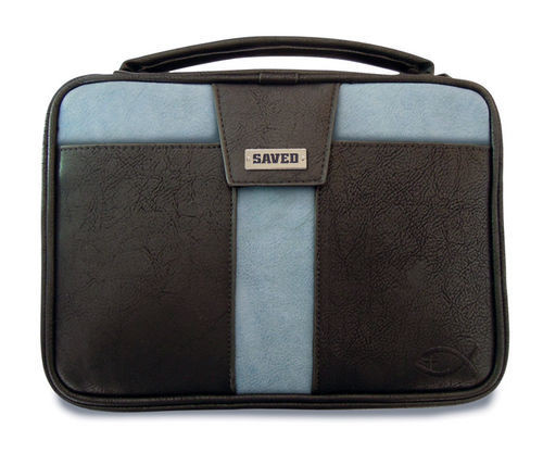 POCHETTE BIBLE, L, BRUN/BLEU AVEC PLAQUE "SAVED" - SIMILICUIR