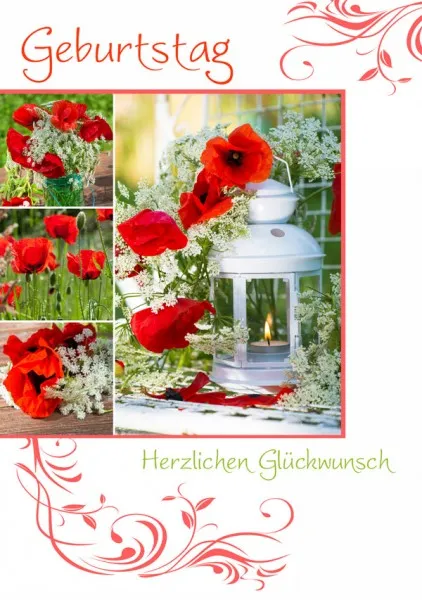 Doppelkarte Geburtstag, Blumen, Laterne