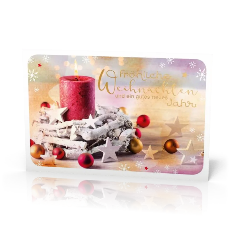 Doppelkarte Weihnachten Rote Kerze, weisse Sterne PG4