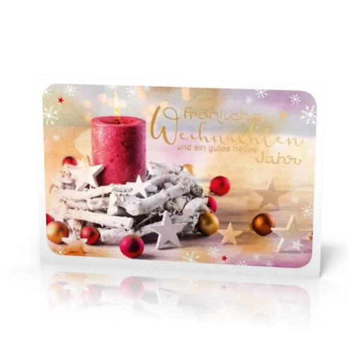 Doppelkarte Weihnachten Rote Kerze, weisse Sterne PG4