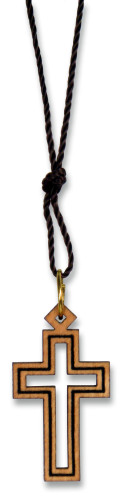 Halskette mit Kreuz-Anhänger (Olivenholz) an braunem Band 72 cm