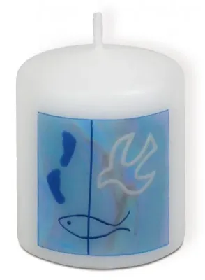 Bougie bleue ichthus + colombe + traces de pas 6x5 cm